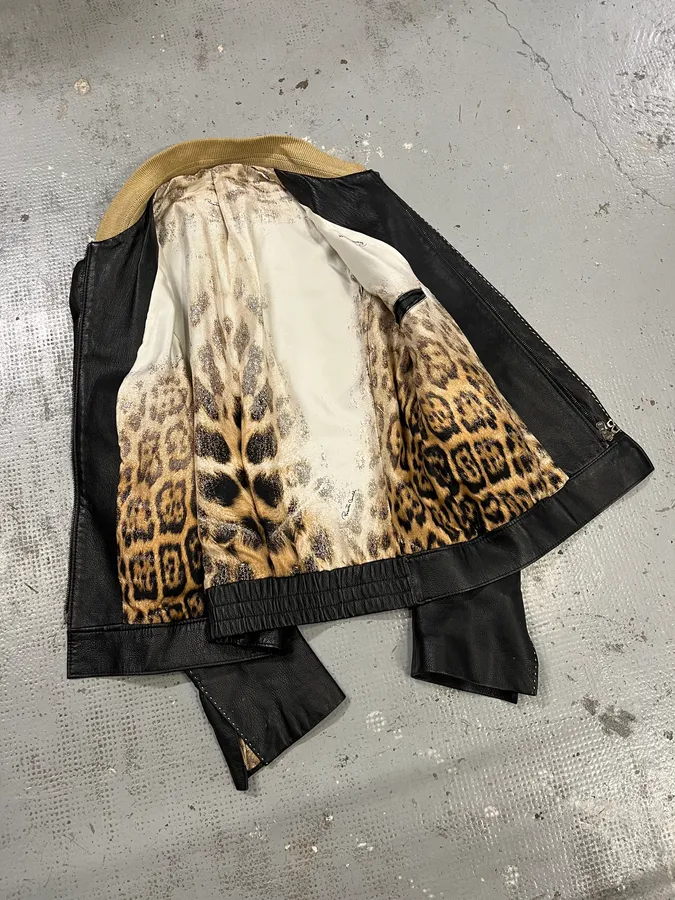 SS2002 Roberto Cavalli Black Leather Leopard Silk Lining Jacket - Image 9