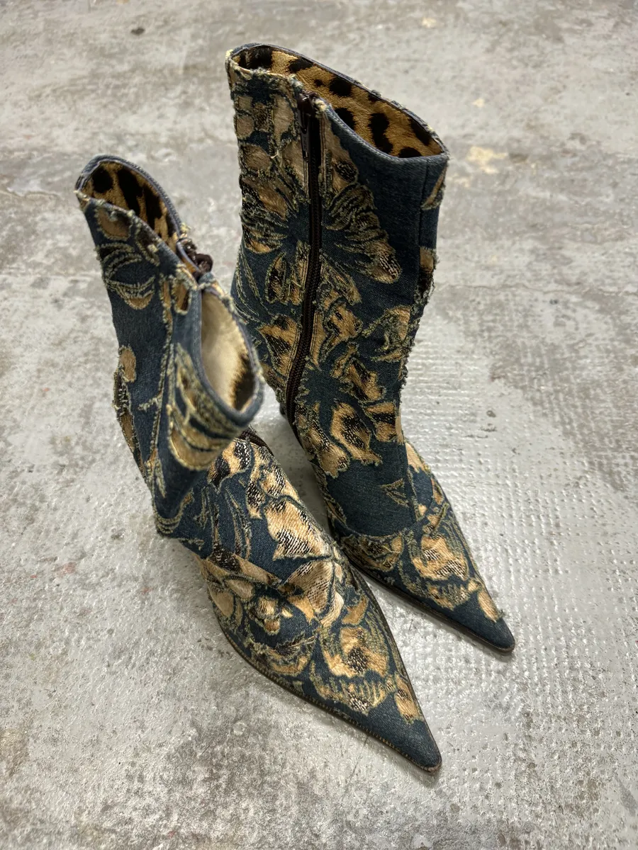 SS2002 Roberto Cavalli Floral Laser-Cut Denim Leopard Boots - Image 3