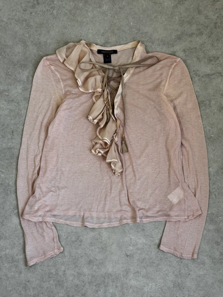 SS2003 Roberto Cavalli Beige Ruffled Lace-Up Shirt