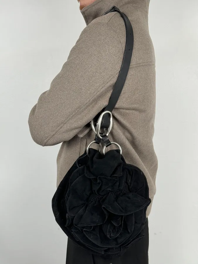 SS2003 Yves Saint Laurent Black Suede Roses Leather Handle Bag - Image 3