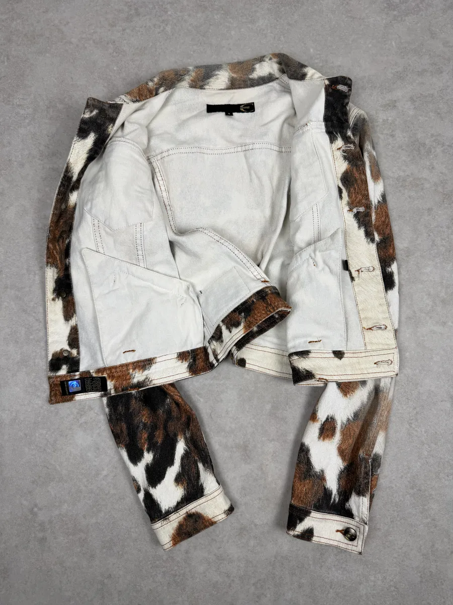 SS2004 Cavalli Cow Print Movement Beige Trucker Jacket - Image 7