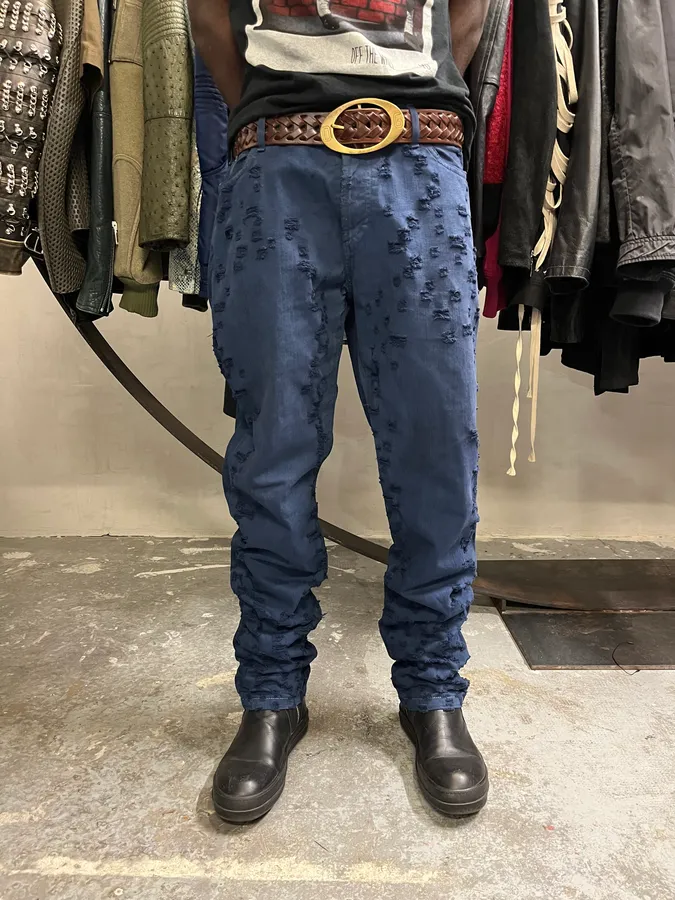 SS2004 Cavalli Scratched Distressed Navy Pants - Image 4