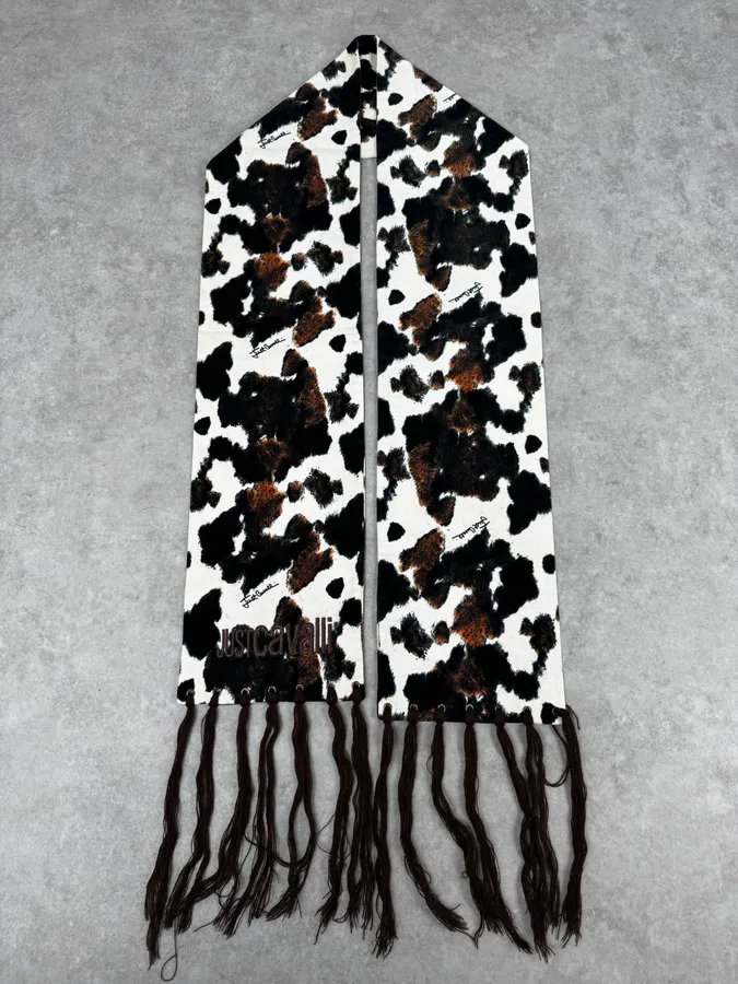 SS2004 Cavalli White Cow Print Fringe Scarf - Image 3
