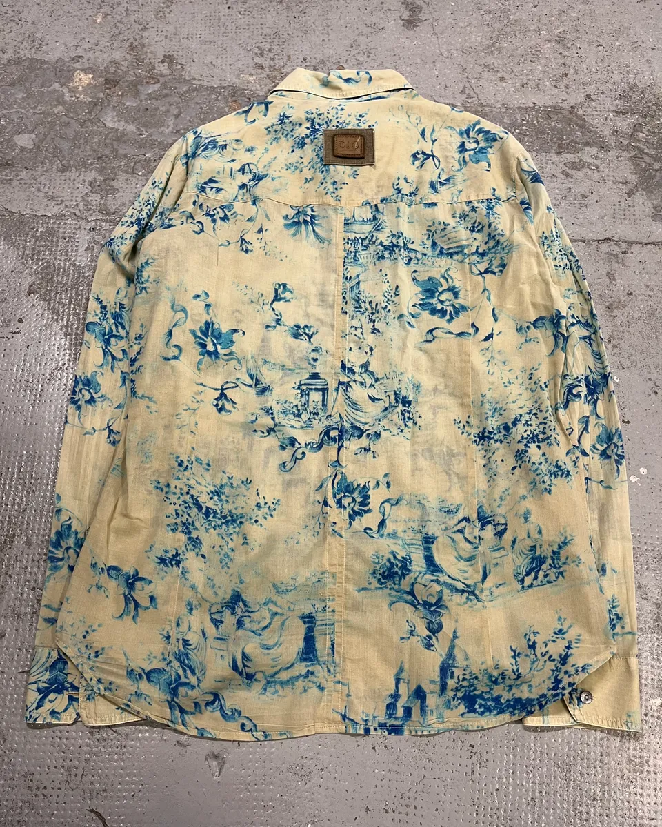 SS2004 Dolce & Gabbana Blue Floral Print Cream Shirt - Image 8