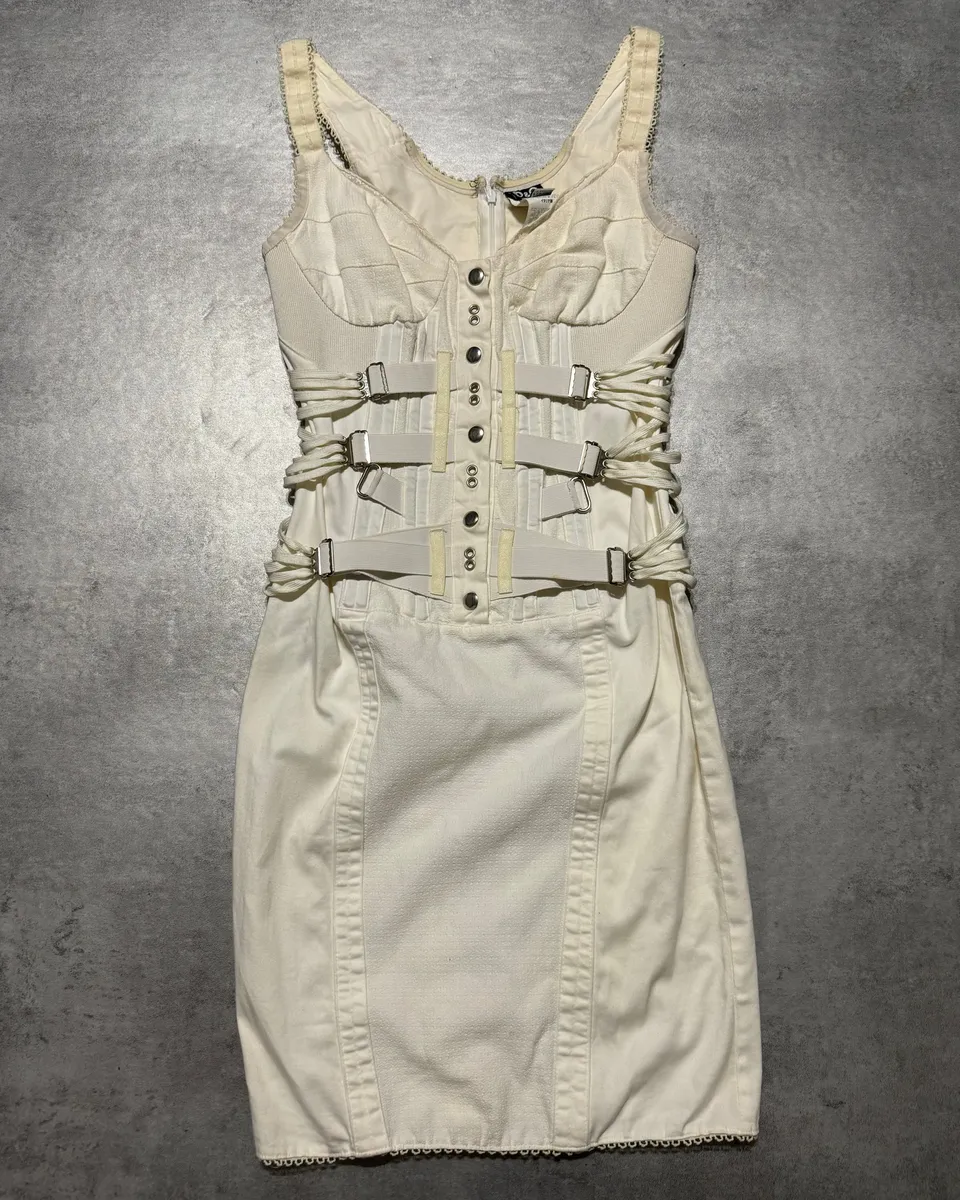 SS2004 Dolce & Gabbana White Bondage Strap Corset Cocktail Ivory Cotton Dress