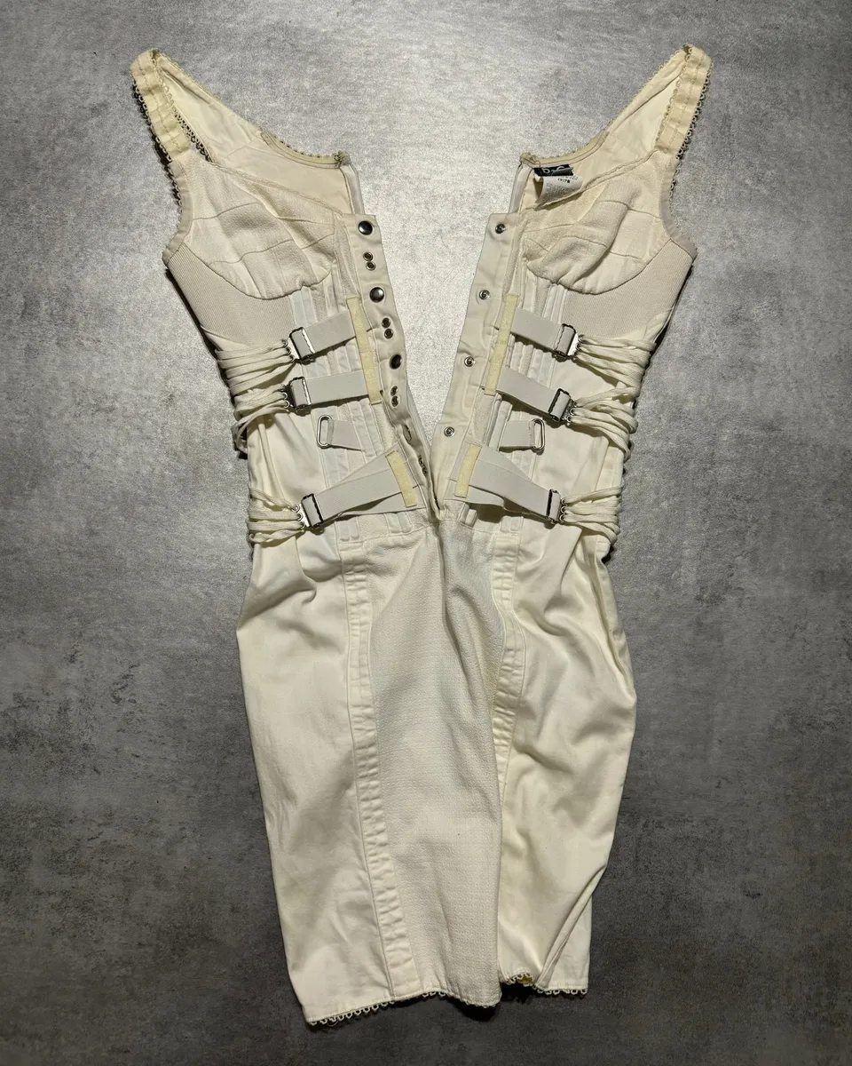 SS2004 Dolce & Gabbana White Bondage Strap Corset Cocktail Ivory Cotton Dress - Image 4