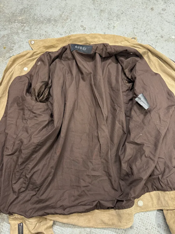 SS2004 Gucci Asymmetrical Multi Zips Biker Beige Suede Leather Jacket - Image 11