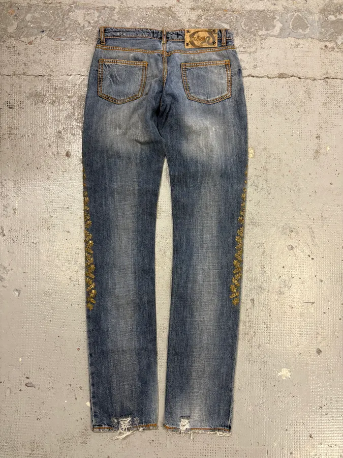 SS2005 Cavalli Blue Embroidered Distressed Denim Jeans - Image 6