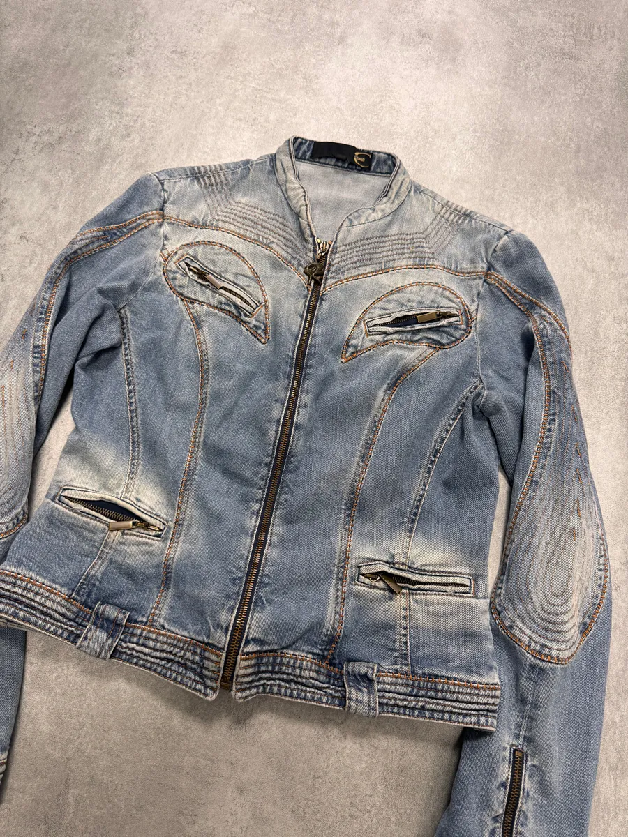 SS2005 Cavalli Sexy Biker Conceptual Blue Denim Jacket - Image 2