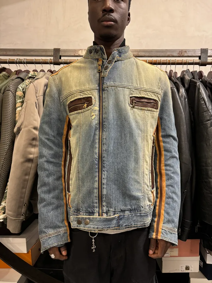 SS2005 Dolce & Gabbana Blue Denim & Brown Leather Biker Jacket - Image 2