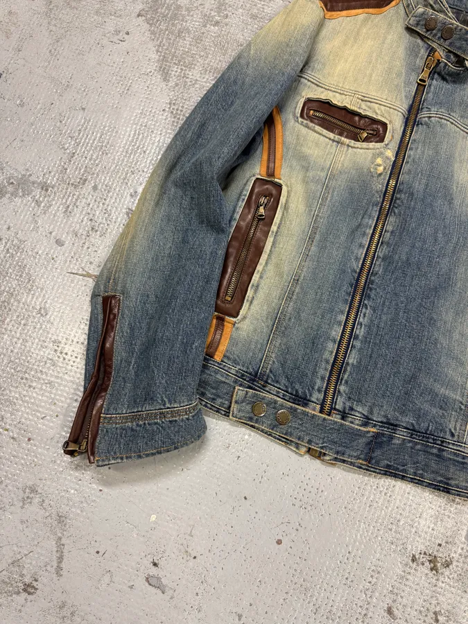 SS2005 Dolce & Gabbana Blue Denim & Brown Leather Biker Jacket - Image 6