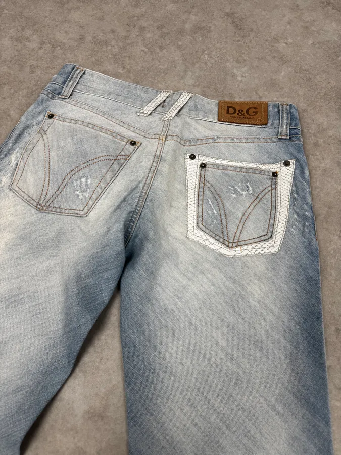 SS2005 Dolce & Gabbana Blue Denim White Snakeskin Rebel Jeans - Image 7