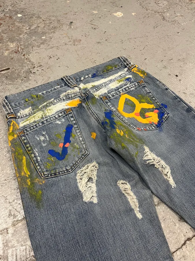 SS2005 Dolce & Gabbana Blue Distressed Painted Rebel Denim Jeans - Image 10