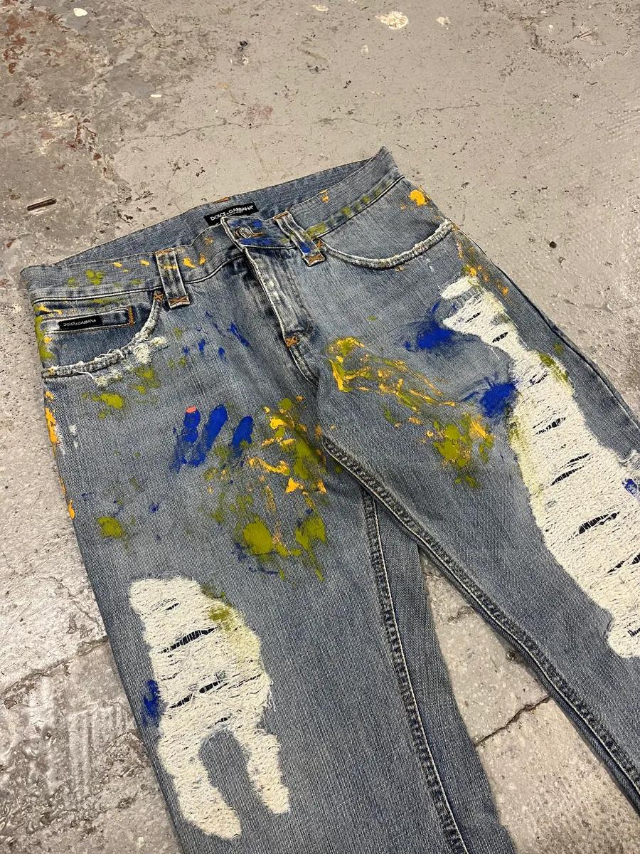 SS2005 Dolce & Gabbana Blue Distressed Painted Rebel Denim Jeans - Image 4
