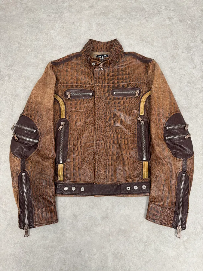 SS2005 Dolce & Gabbana Brown Crocodile Effect Leather Biker Jacket