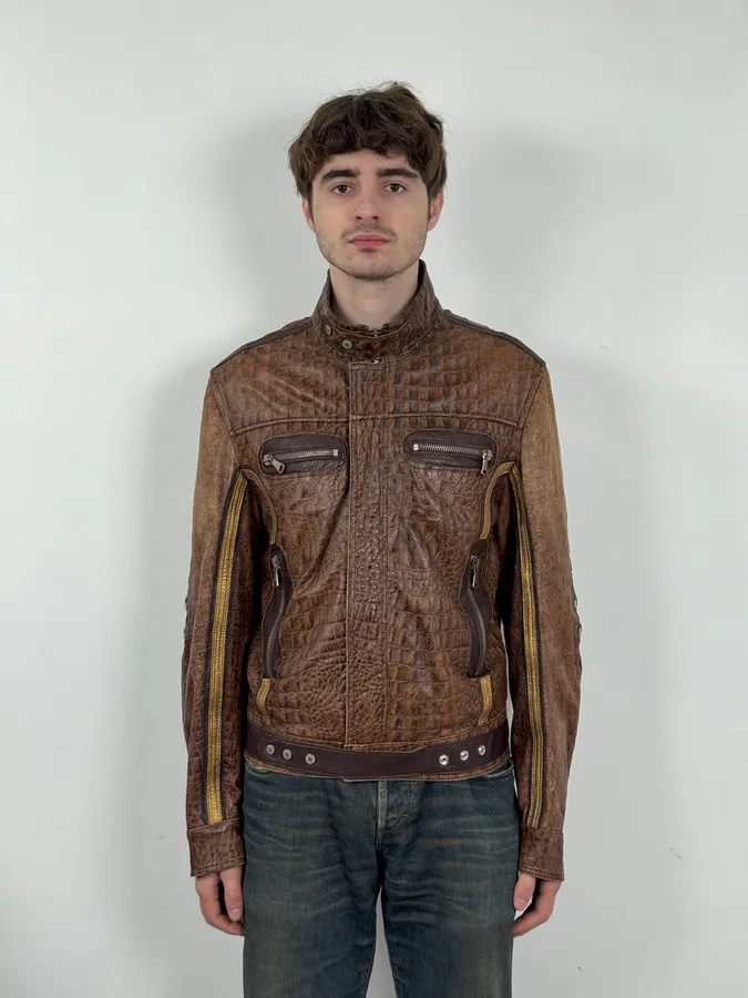 SS2005 Dolce & Gabbana Brown Crocodile Effect Leather Biker Jacket - Image 10