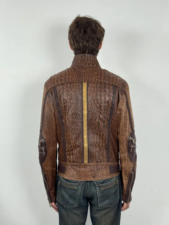 SS2005 Dolce & Gabbana Brown Crocodile Effect Leather Biker Jacket - Image 11