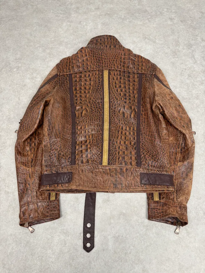 SS2005 Dolce & Gabbana Brown Crocodile Effect Leather Biker Jacket - Image 4