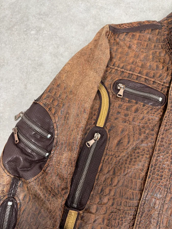 SS2005 Dolce & Gabbana Brown Crocodile Effect Leather Biker Jacket - Image 7