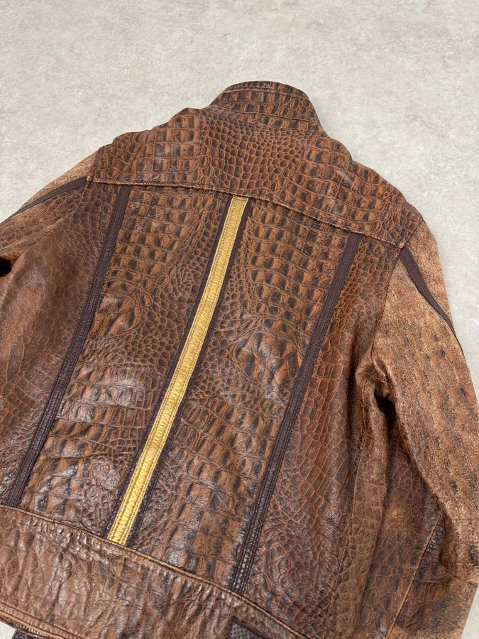 SS2005 Dolce & Gabbana Brown Crocodile Effect Leather Biker Jacket - Image 8