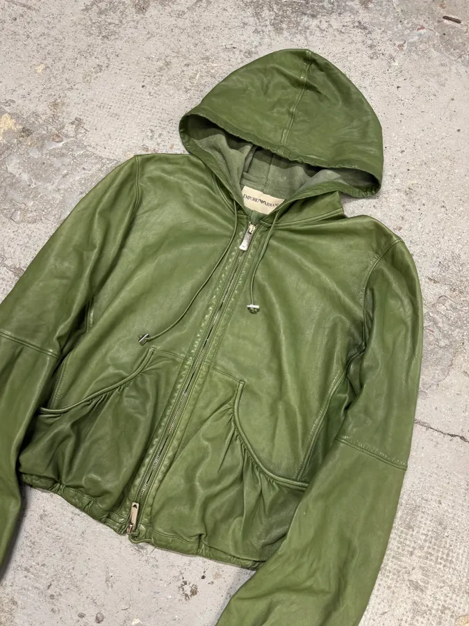 SS2005 Emporio Armani Green Leather Hooded Jacket - Image 2