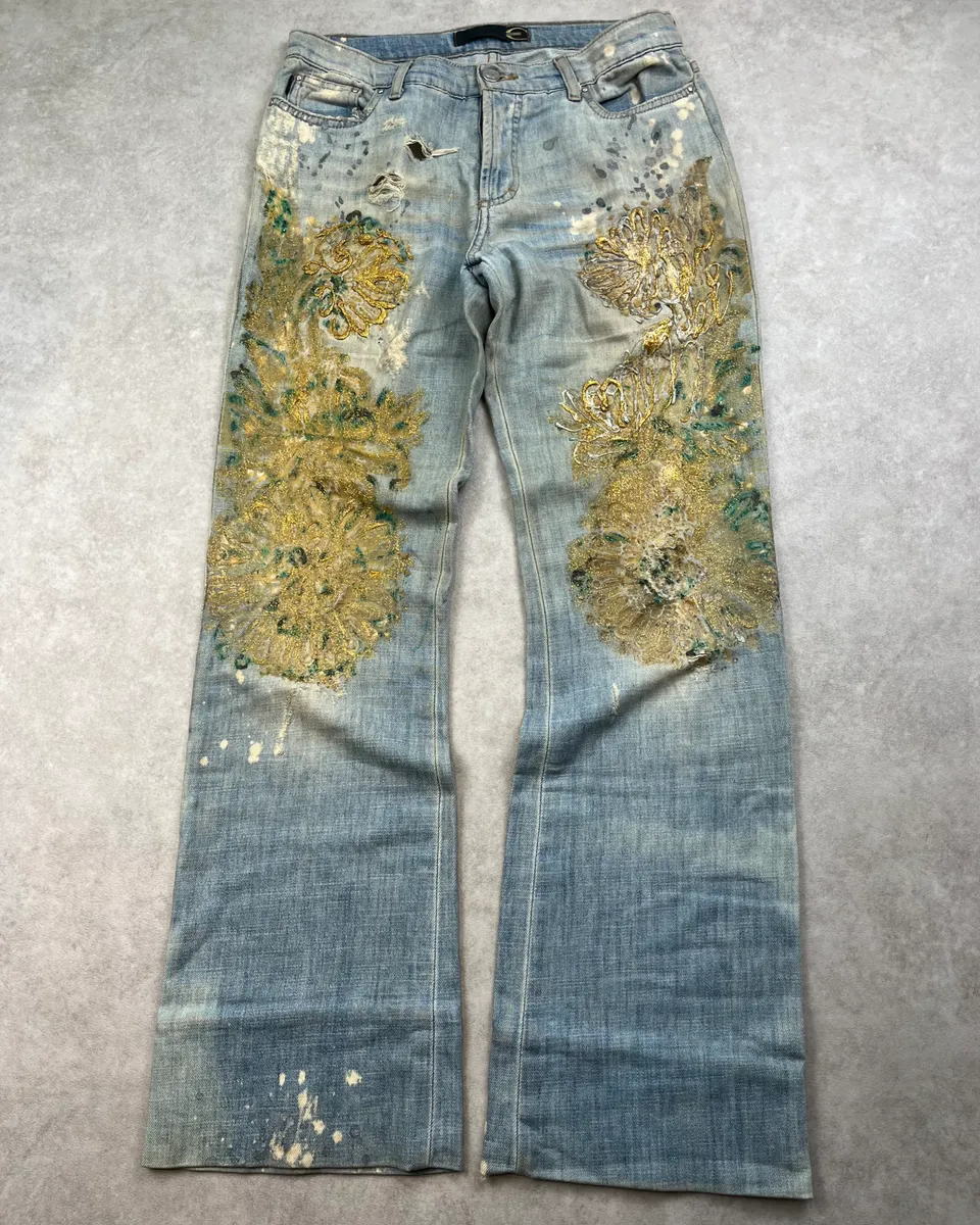 SS2006 Cavalli Painted Distressed Relaxed Royal Denim Jeans