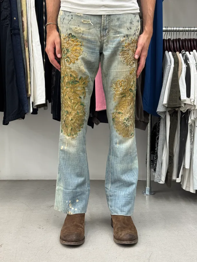 SS2006 Cavalli Painted Distressed Relaxed Royal Denim Jeans - Image 2