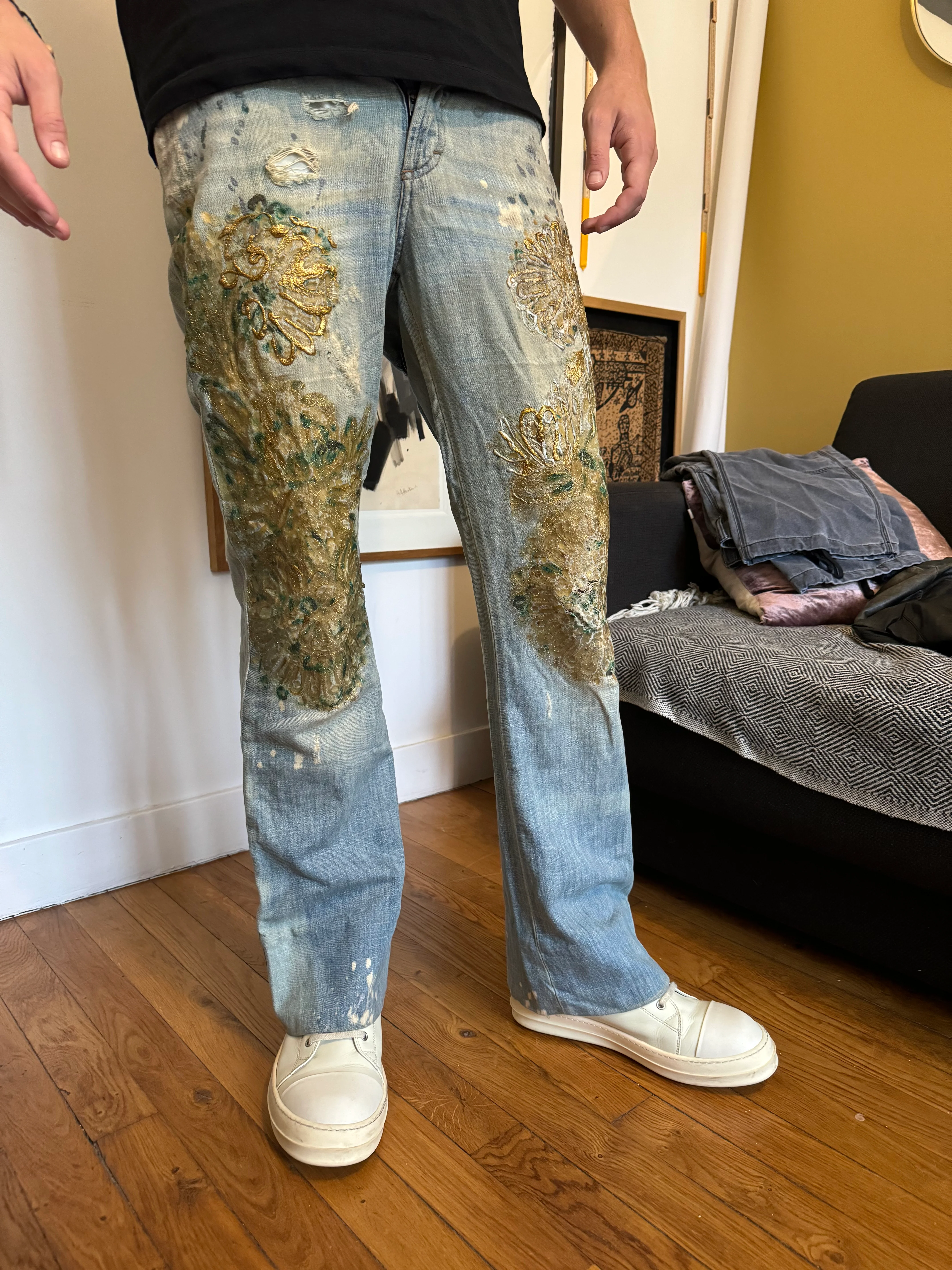 SS2006 Cavalli Painted Distressed Relaxed Royal Denim Jeans (S) - Image 2