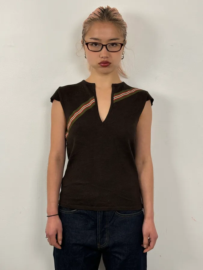 SS2006 Chloé Brown Stripe V-Neck Merinos Wool Top - Image 2