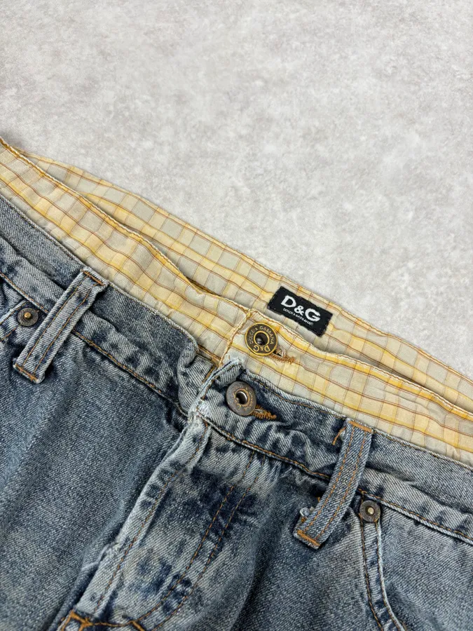 SS2006 Dolce & Gabbana Double Layer Yellow Tartan Blue Denim Cargo Jeans - Image 5