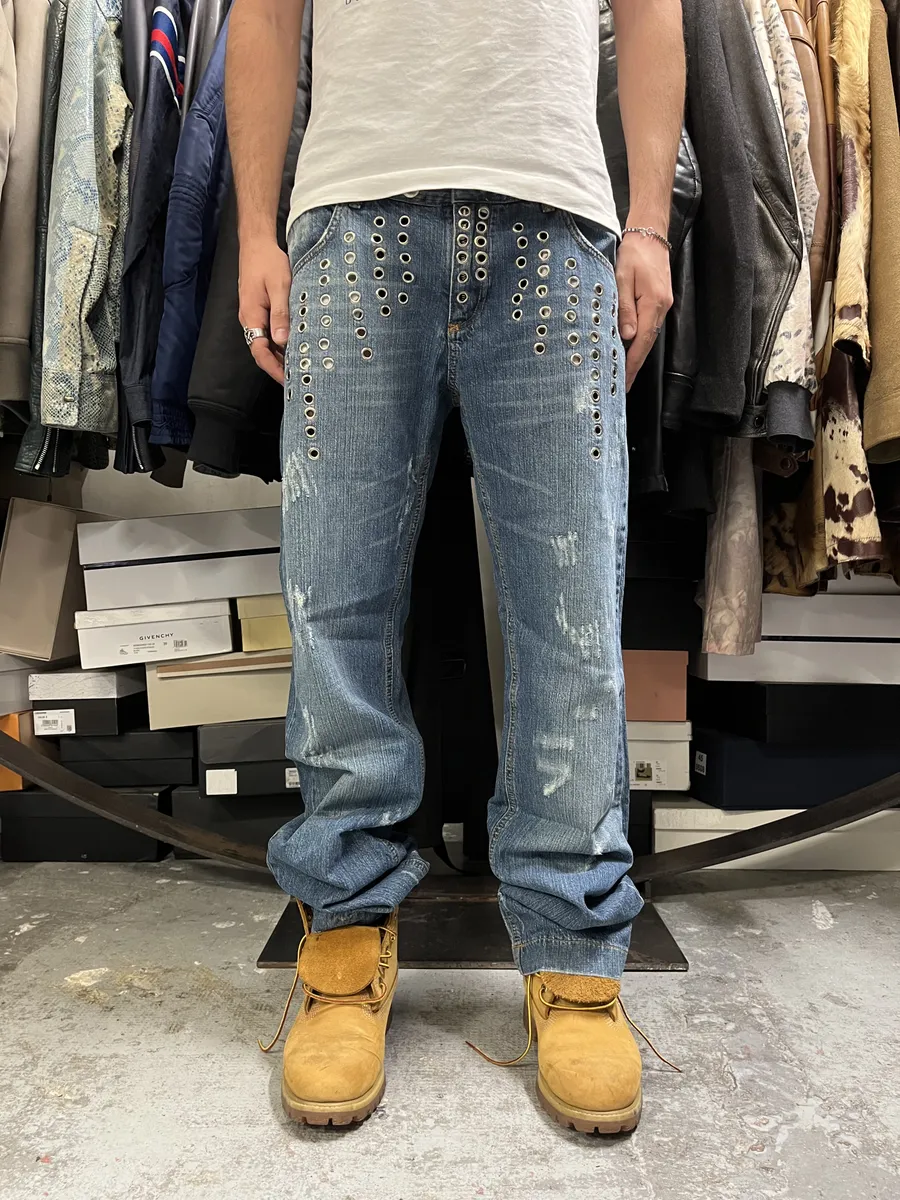 SS2006 Dolce & Gabbana Eyelet Distressed Blue Denim Jeans - Image 3