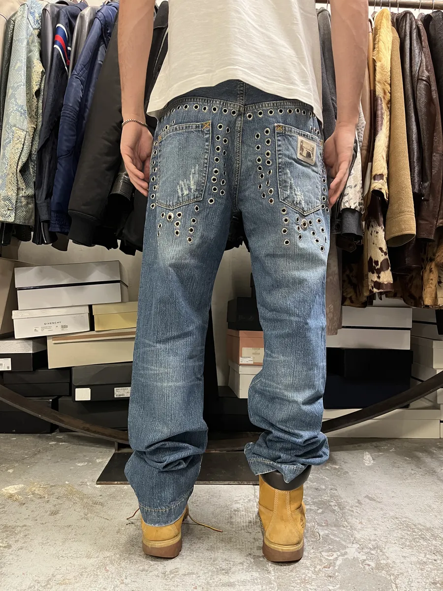 SS2006 Dolce & Gabbana Eyelet Distressed Blue Denim Jeans - Image 4