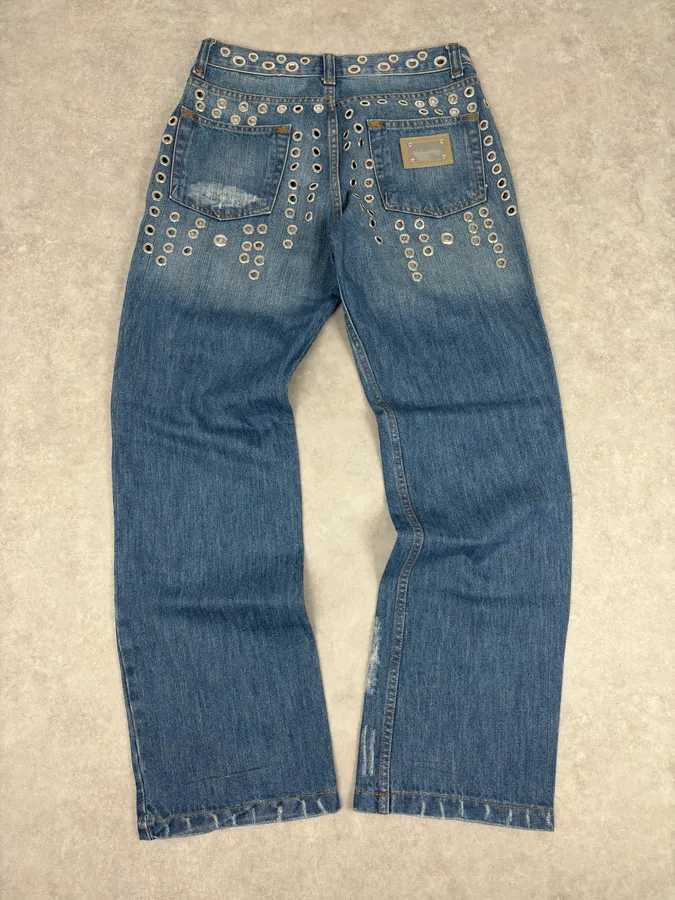 SS2006 Dolce & Gabbana Navy Denim Eyelet Distressed Jeans - Image 7