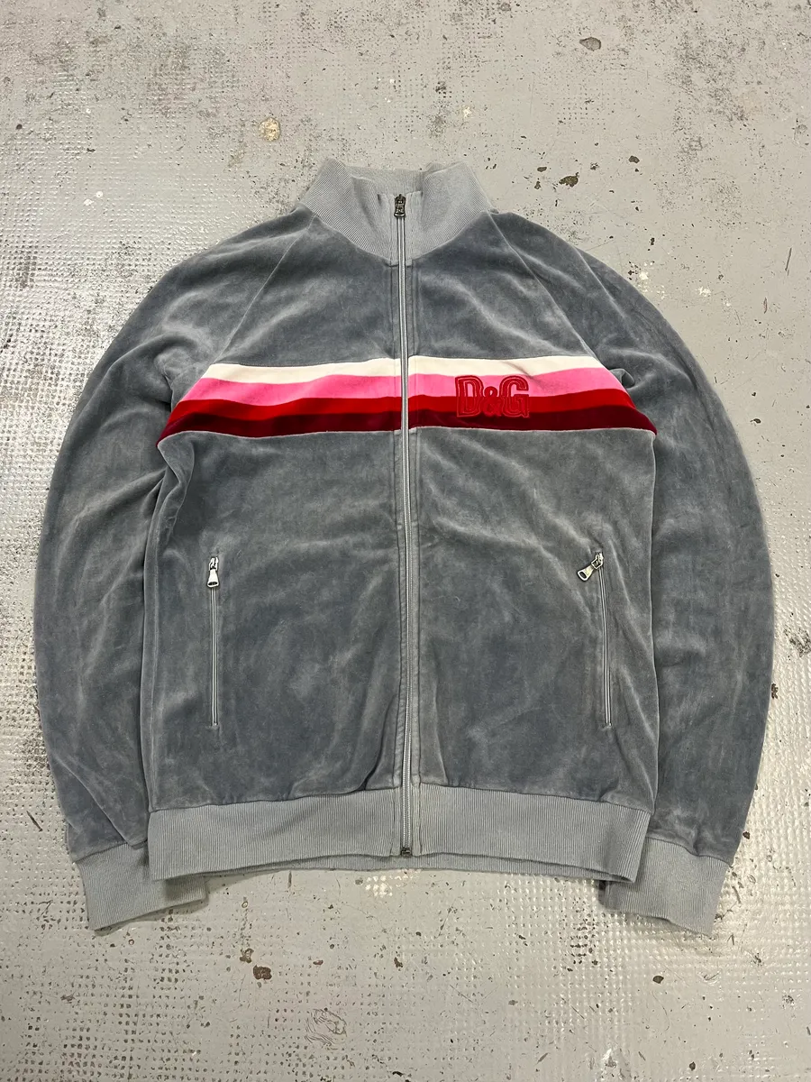 SS2006 Dolce & Gabbana Pink Stripe Velvet Grey Tracksuit Jacket