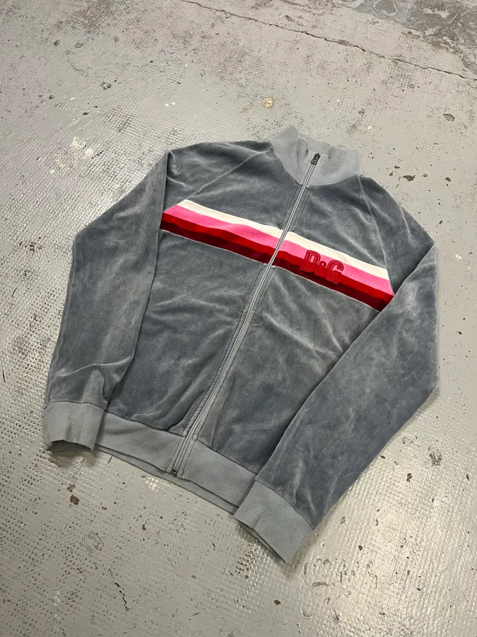 SS2006 Dolce & Gabbana Pink Stripe Velvet Grey Tracksuit Jacket - Image 4