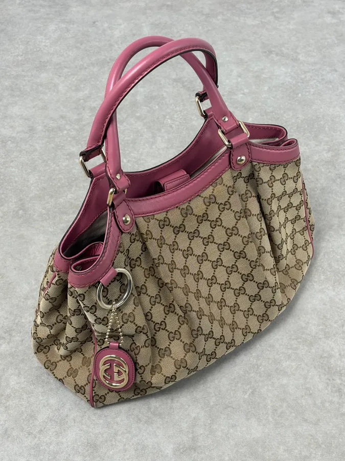 SS2006 Gucci Beige Canvas Sukey Pink Handle Bag - Image 3