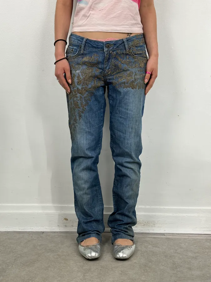 SS2007 Cavalli Baroque Gold Pattern Blue Denim Jeans