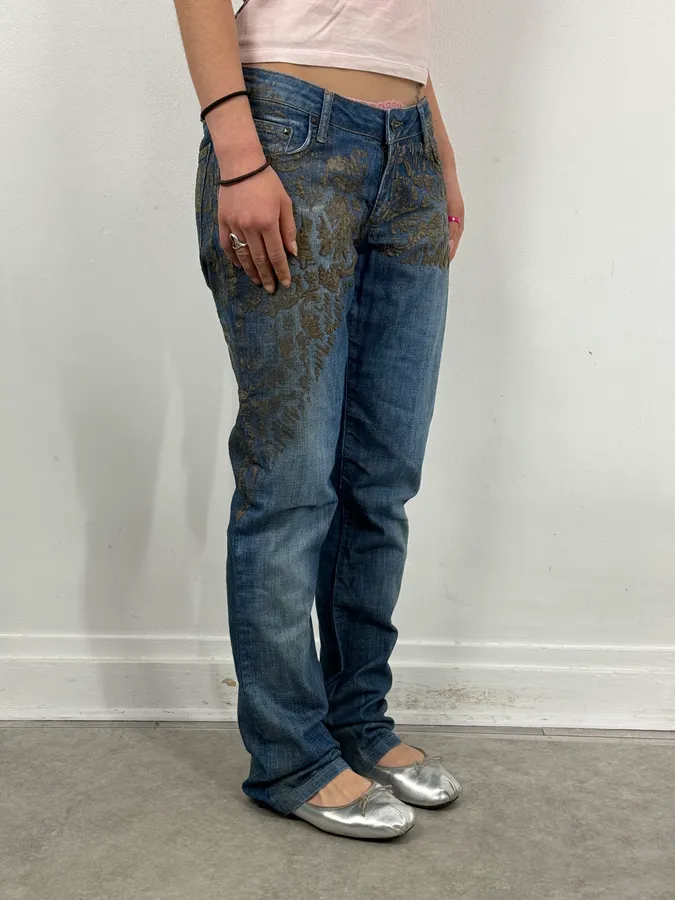 SS2007 Cavalli Baroque Gold Pattern Blue Denim Jeans - Image 2