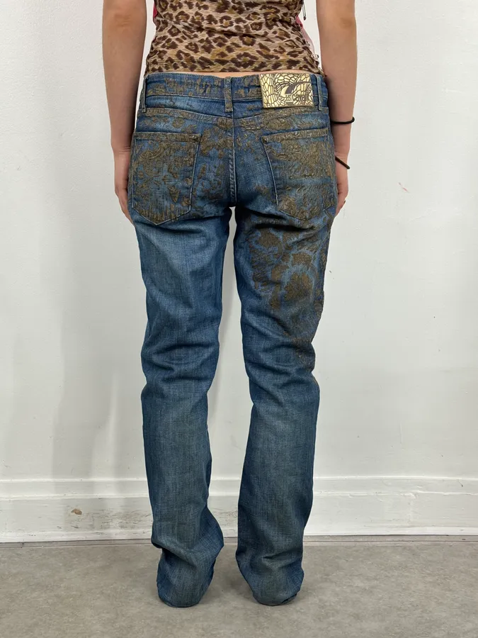 SS2007 Cavalli Baroque Gold Pattern Blue Denim Jeans - Image 3
