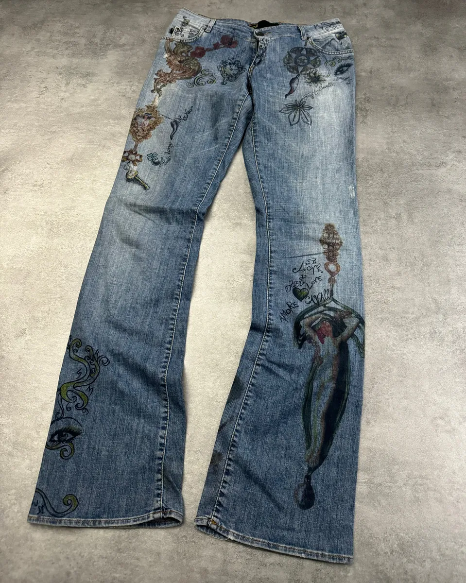 SS2007 Cavalli Painted Demoniac War Denim Pants - Image 9