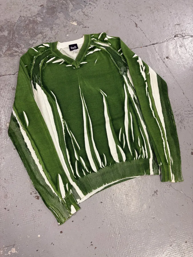 SS2007 Dolce & Gabbana Overprint Green V-Neck Sweater - Image 4