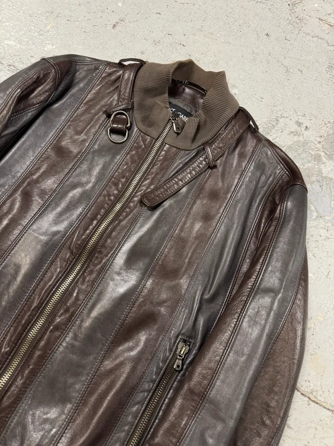 SS2007 Dolce & Gabbana Premia Lines Grey & Brown  Leather Biker Jacket - Image 3