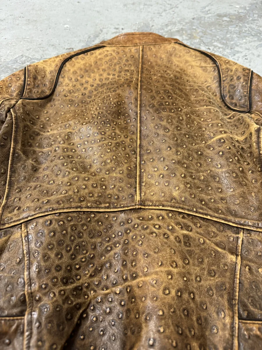SS2007 Emporio Armani Asymmetrical Ostrich Embossed Leather Effect Camel Jacket - Image 4