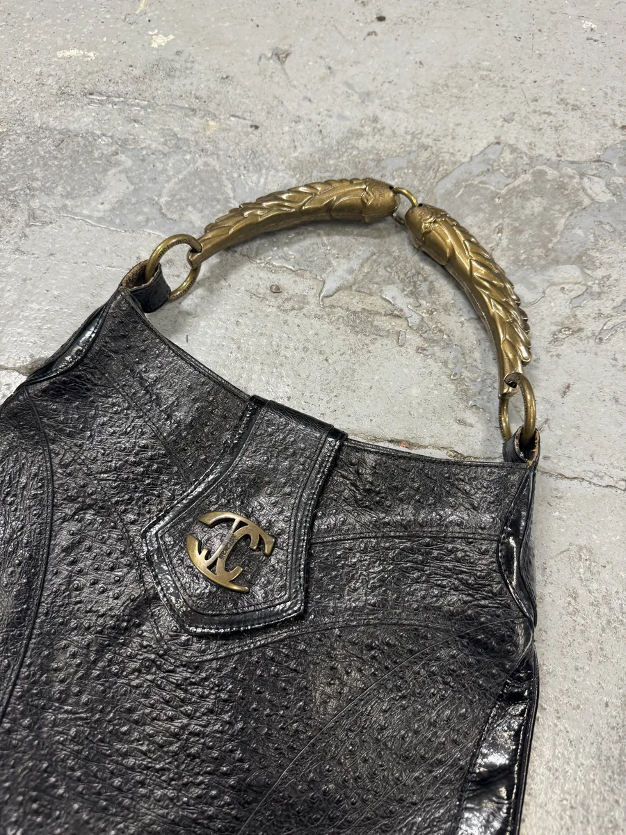 SS2008 Cavalli Black Gold Horn Ostrich Embossed Leather Handle Bag - Image 12