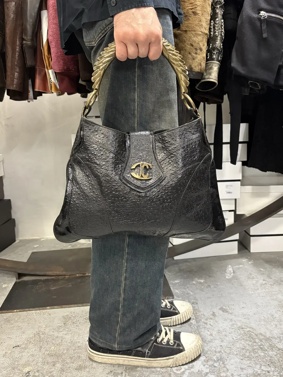 SS2008 Cavalli Black Gold Horn Ostrich Embossed Leather Handle Bag - Image 3