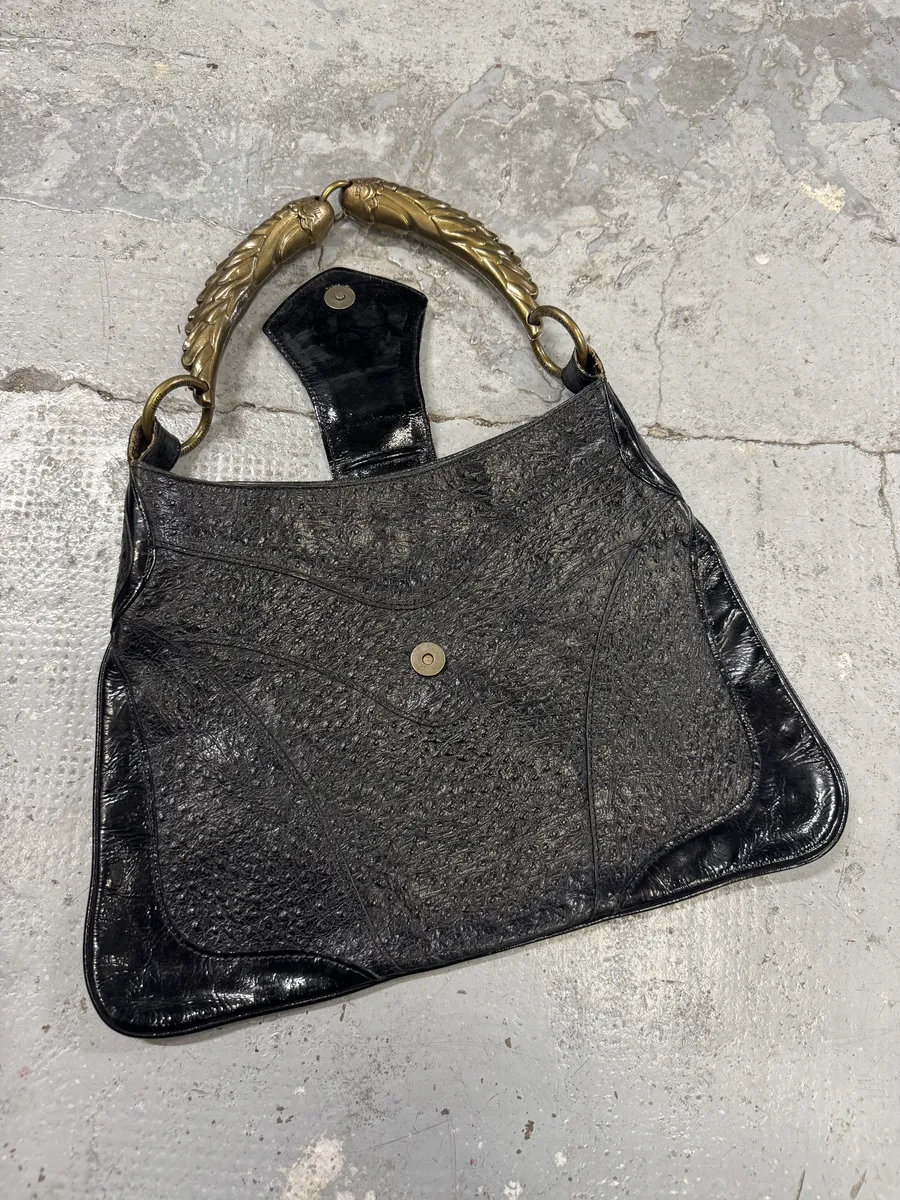 SS2008 Cavalli Black Gold Horn Ostrich Embossed Leather Handle Bag - Image 7