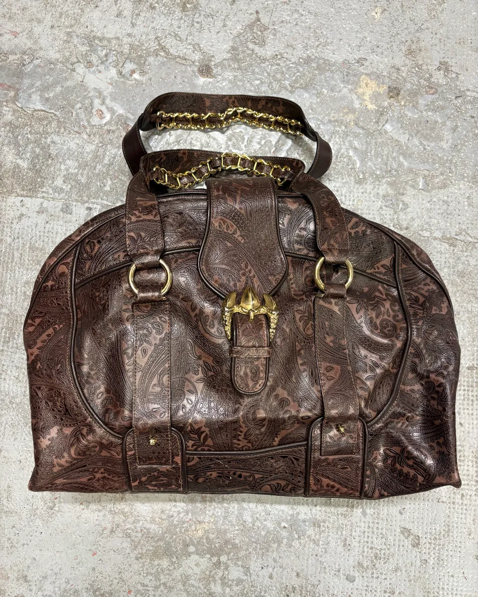 SS2008 Cavalli Brown Embroidered Flowers Leather Handle Bag
