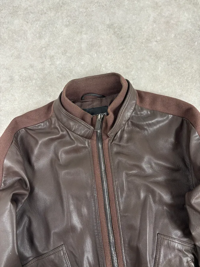 SS2008 Emporio Armani Brown Lined Leather Biker Jacket - Image 4