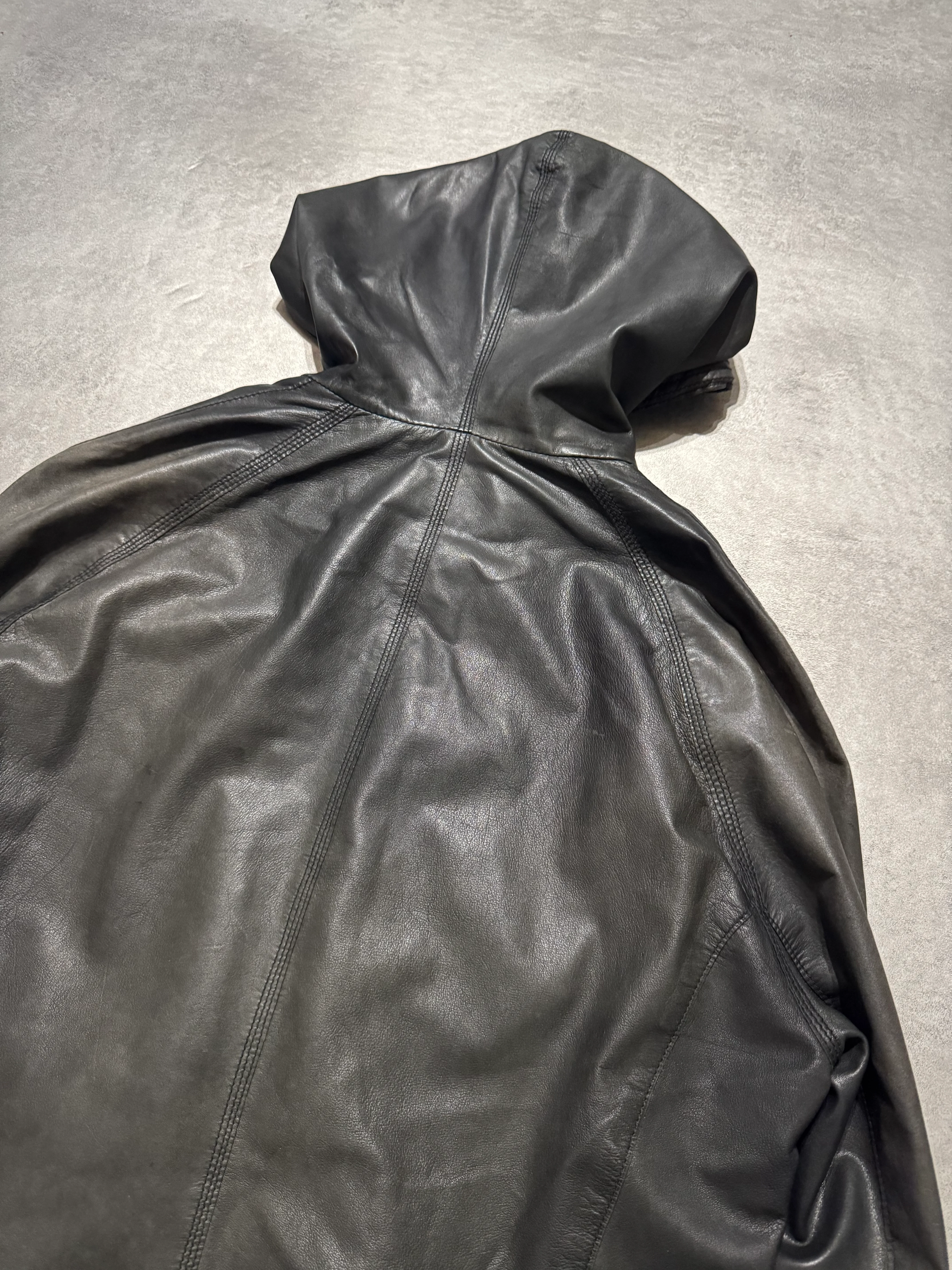 SS2008 Emporio Armani Hooded Faded Leather Black Jacket - Image 3