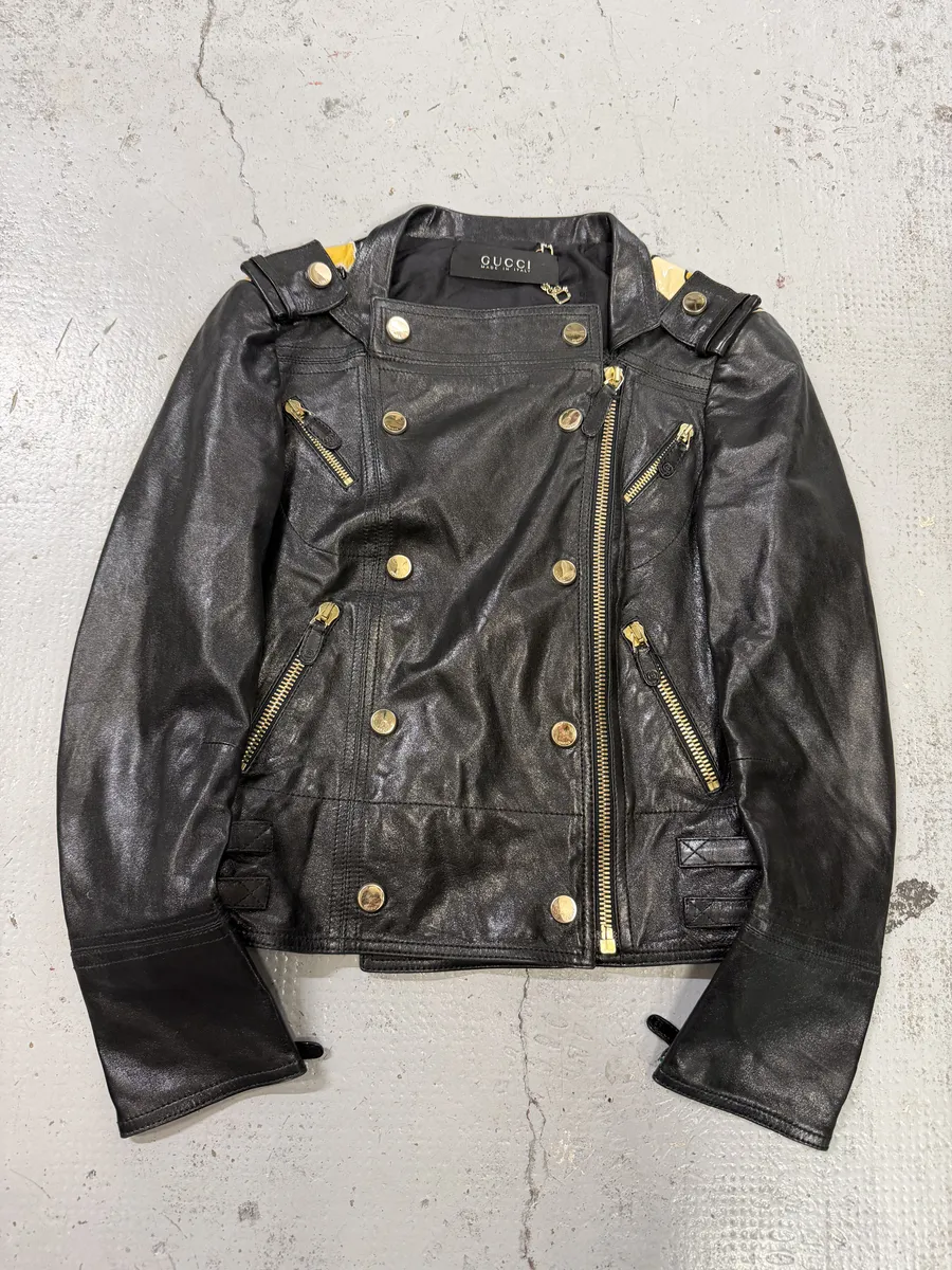 SS2008 Gucci Black & Yellow Floral Leather Biker Jacket by Frida Giannini - Image 5